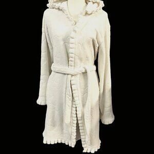 Vtg Arlotta Studio Womens L Knee Length White Spa Bathrobe Hearts Ruffle Hood